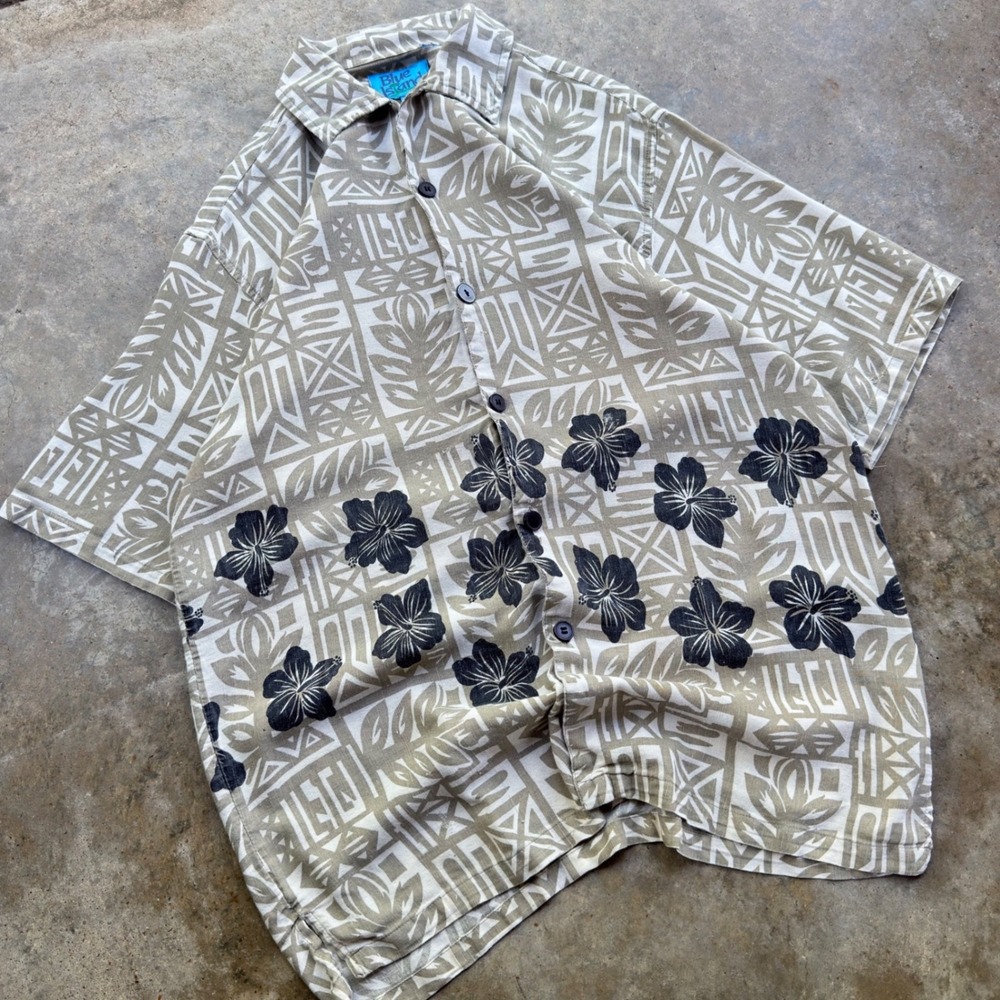 Vintage 90s Blue Island Hawaiian Button Up Shirt Cotton Tan Size M (i4)